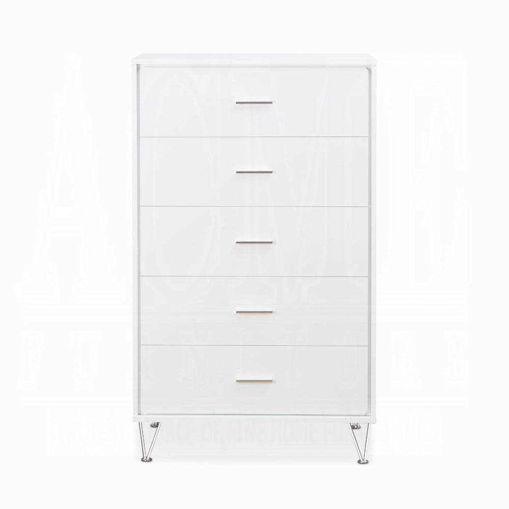 English Elm White 5-Drawer Chest For Modern Storage | Crisp Finish, Polished Chrome Legs & Effortless Access B062P209028-GIGA