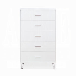 English Elm White 5-Drawer Chest For Modern Storage | Crisp Finish, Polished Chrome Legs & Effortless Access B062P209028-GIGA