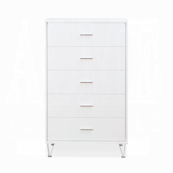 English Elm White 5-Drawer Chest For Modern Storage | Crisp Finish, Polished Chrome Legs & Effortless Access B062P209028-GIGA