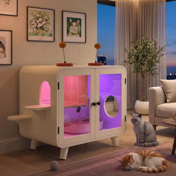 English Elm Cat Litter Box Enclosure Mdf Cabinet with Rgb Lighting Glass Doors and Play Loft Beige N704P419240A