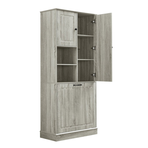 English Elm Tall Storage Cabinet with Flip-Out Basket, Adjustable Shelves & Aluminum Handles for Organized Living Oak N725P322739L