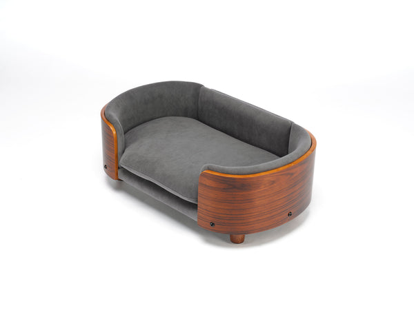 English Elm Scandinavian Elevated Pet Sofa Bed with Walnut Bent Wood Back, Velvet Stain-Resistant Fabric, Cozy Rest Dark Gray W794125914