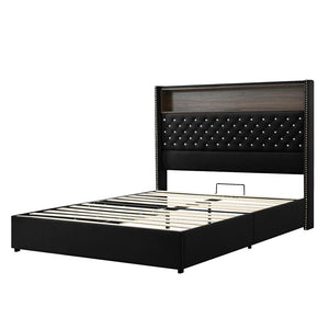 English Elm Queen Velvet Tufted Wingback Platform Bed Tall Headboard with Usb Charging Shelf Black N733P367135B