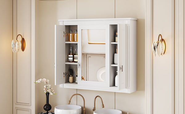 English Elm Bathroom Wall Cabinet with Mirror and 5 Shelves — Wall-Mounted Medicine Cabinet, Modern Storage Solution White N710P252503K