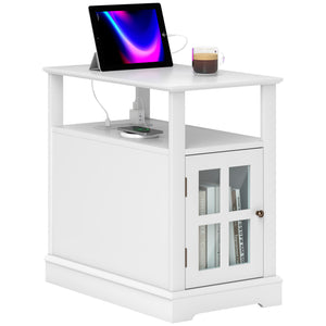 English Elm HOMCOM Narrow End Table with Built-In Charging Station, Hidden Glass Storage and Open Shelf Elegance White W2225P229463