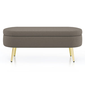 English Elm Ottoman Oval Flannel Storage Bench with Matte Metal Legs for Bedroom or Living Room Brown W487P438631