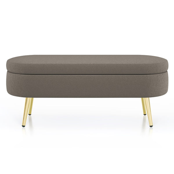 English Elm Ottoman Oval Flannel Storage Bench with Matte Metal Legs for Bedroom or Living Room Brown W487P438631