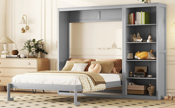 English Elm Queen Murphy Wall Bed with Side Shelving Folds Flush Into Mdf Cabinet for Studio Rooms Gray LP000697AAE-2
