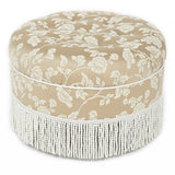 English Elm Yolanda 24" Round Upholstered Accent Ottoman, Champagne Beige Floral Jacquard With Ivory Trim