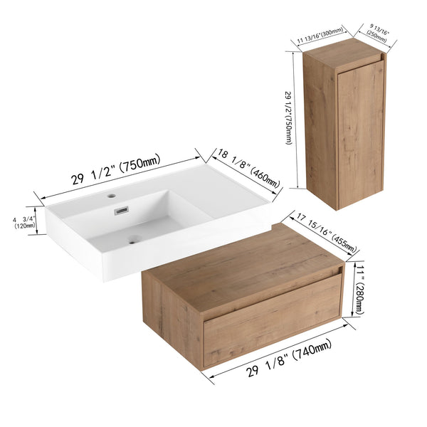 English Elm 30 Inch Wall-Mounted Bathroom Vanity With Resin Sink, Soft Close Drawer & Storage Cabinet - Modern Design W999S00267
