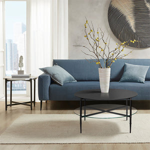 JLA Home Martha Stewart - Round Matte Black Coffee Table with Interchangeable Wood & Tempered Glass Tops, Lower Shelf Elegance MT120-1189