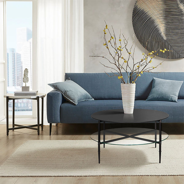 JLA Home Martha Stewart - Round Matte Black Coffee Table with Interchangeable Wood & Tempered Glass Tops, Lower Shelf Elegance MT120-1189