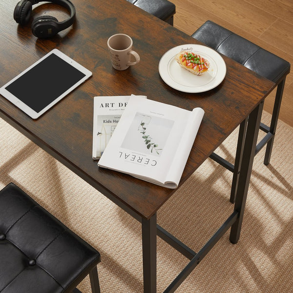 English Elm Pub Industrial 5-Piece High Dining Set with Rustic Brown Table & 4 PU Leather Bar Chairs, Adjustable Feet, Sturdy Steel Frame, Comfortable Cushions, 47.2"L x 23.6"W x 35.4"H W1668P164658