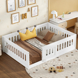 English Elm Full Size Floor Bed With Guardrails & Door - Solid Wood Bedframe For Safe, Stylish Kids' Sleep W1820P240539
