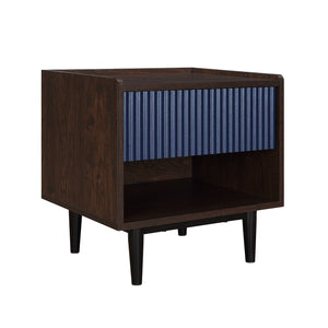 English Elm Duane Navy Blue 20" Fluted Nightstand with Ribbed MDF, Handless Drawer, Iron Feet, Modern Storage B365P398181