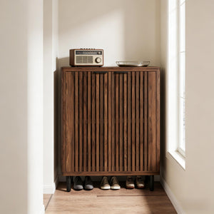 English Elm Wooden Louvered Shoe Cabinet Dark Walnut Finish Entryway Storage Six Shelf T3971P453463