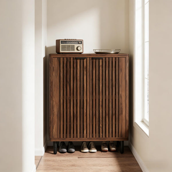 English Elm Wooden Louvered Shoe Cabinet Dark Walnut Finish Entryway Storage Six Shelf T3971P453463