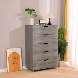 English Elm Gray Rolling Dresser with Five Deep Drawers Locking Casters Modern Slim Profile B372P416594