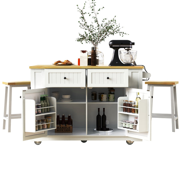 English Elm K&K 48 Inch Kitchen Island Cart with Drop Leaf, Built-In Power Station, Adjustable Shelves & Wheels White N707P257057W