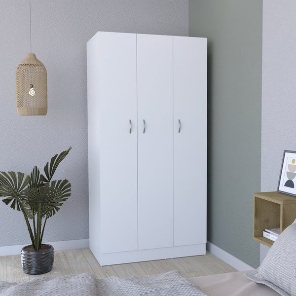 English Elm Ohio Armoire Wardrobe with 3 Doors, 2 Drawers & 4-Tier Shelves — Spacious Storage, Sturdy Handles, Organized Style White 74 L x 23 W x 2 H B070S00206