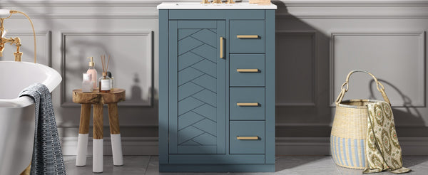 English Elm 24" Bathroom Vanity With Ceramic Sink - Stylish Blue Cabinet, Soft-Close Drawers & Modern Elegance N710P341038C