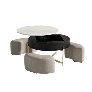 English Elm Vita Modern 31.5" Round Lift-Top Coffee Table Set with Iron Legs and Storage Shelves, Stylish Black,Light beige B341S00043
