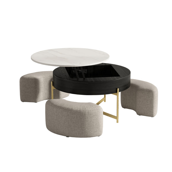 English Elm Vita Modern 31.5" Round Lift-Top Coffee Table Set with Iron Legs and Storage Shelves, Stylish Black,Light beige B341S00043