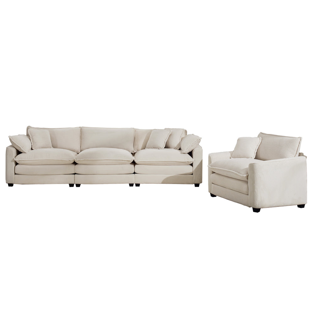 English Elm Mid-Century Modern 2-Piece Sofa Set: Stylish 3-Seater And Accent Chair In Soft Light Beige Corduroy W714S00776