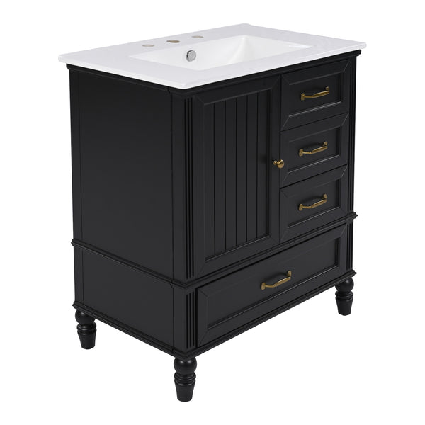 English Elm Christopher Knight Home® - 30" Bathroom Vanity with Ceramic Sink, Acacia & MDF Cabinet, Soft-Close Door & Drawers Black N759P346895B