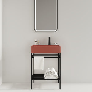 English Elm LOFI Ceramic Integrated Bathroom Vanity 24" with Rectangular Basin, Open Metal Shelf, Easy Clean Black+Red W2615S00062