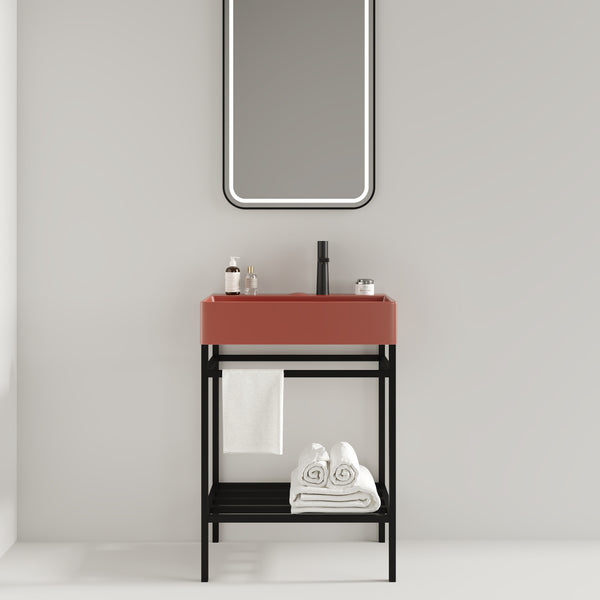 English Elm LOFI Ceramic Integrated Bathroom Vanity 24" with Rectangular Basin, Open Metal Shelf, Easy Clean Black+Red W2615S00062