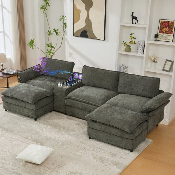 English Elm [New] Versatile U Shaped Modular Sectional Sofa With Storage, Bluetooth Speakers & Wireless Charging! W2108S00143-GIGA