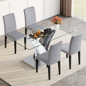 English Elm Table And Chair Set – Modern Tempered Glass Dining Table With 4 Comfortable Light Gray Upholstered Chairs W1151S03806-GIGA