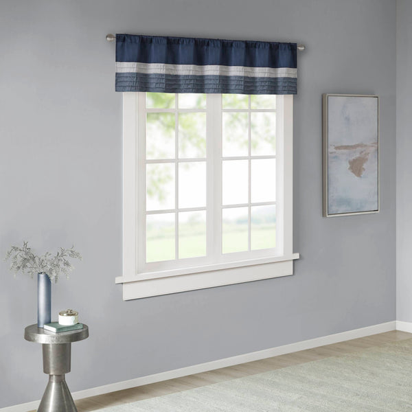 JLA Home Madison Park - Polyoni Pintuck Window Valance with Lined Striped Texture, Tailored Fullness & Easy Rod Pocket Navy MP41-2231