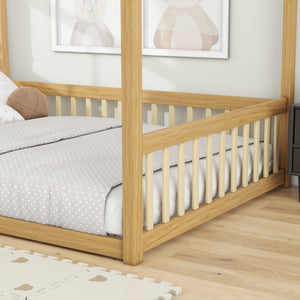 English Elm Full Size Canopy Floor Bed In Natural Rubberwood With Guardrails - Perfect For Kids' Imagination! W504P345756