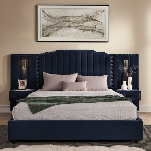 English Elm Queen Velvet Platform Bed with Tufted Headboard Integrated Nightstands and Striped Design Dark Blue W487S00442