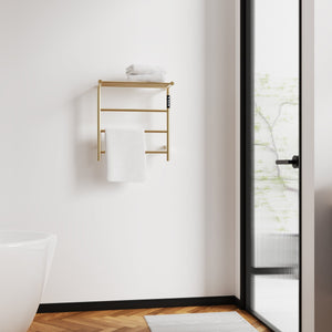 English Elm Heated Carbon-Fiber Towel Rack with Top Shelf and Timer, Rapid 3–7min Warmth, IPX4 Waterproof Brushed Gold T3177P305029