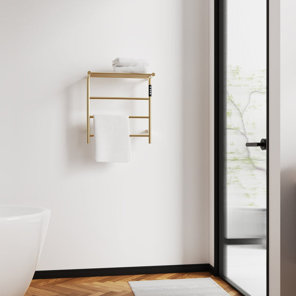 English Elm Heated Carbon-Fiber Towel Rack with Top Shelf and Timer, Rapid 3–7min Warmth, IPX4 Waterproof Brushed Gold T3177P305029