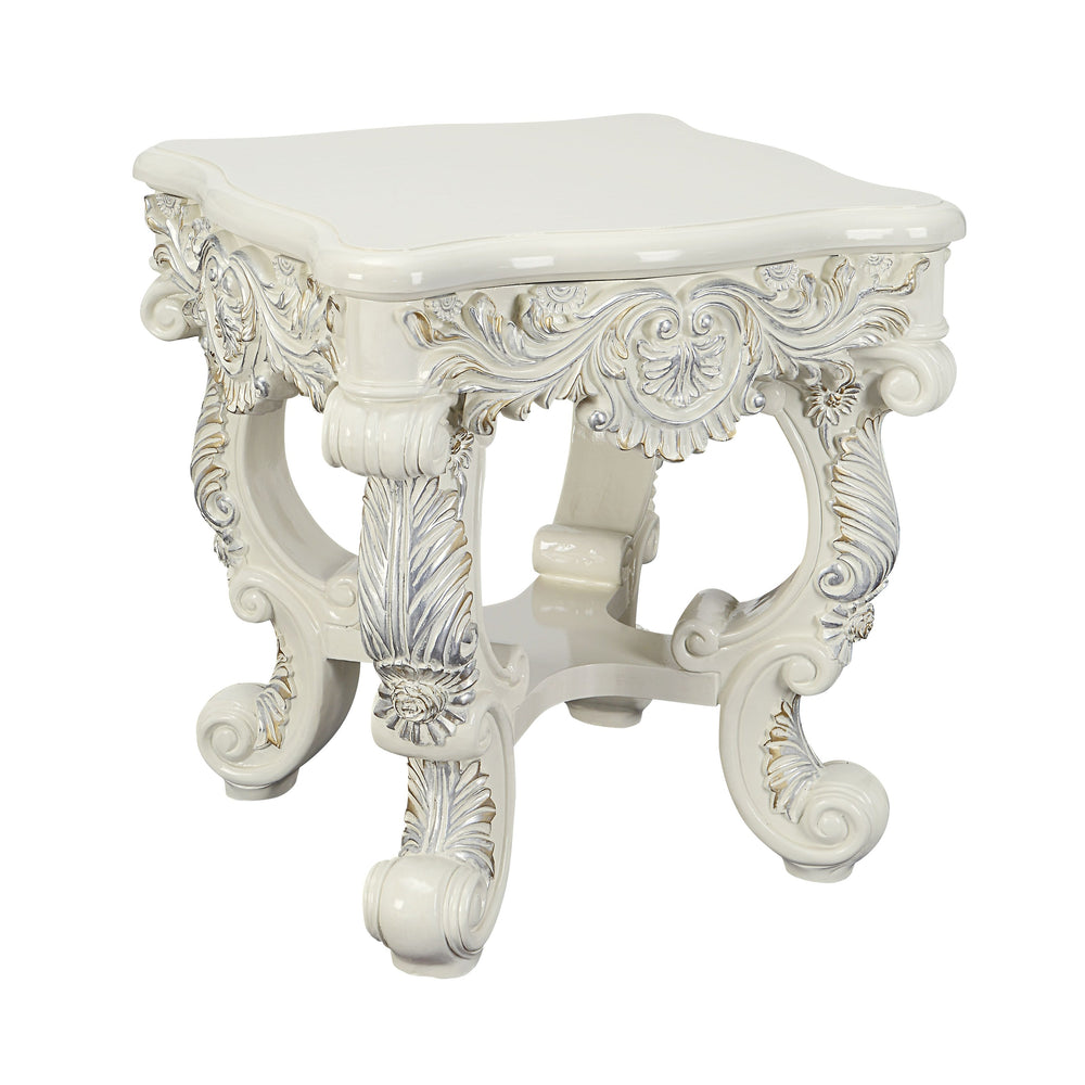 English Elm Adara Antique White Finish End Table with Floral Sculpture Legs, 45mm Top, Square Accent Table B2726P278585