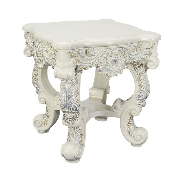 English Elm Adara Antique White Finish End Table with Floral Sculpture Legs, 45mm Top, Square Accent Table B2726P278585