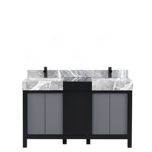 English Elm Black Double Bath Vanity 55" W With Castle Grey Marble Top & Matte Black Faucet - Modern Storage Solution B2731P261099