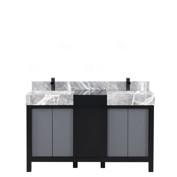 English Elm Black Double Bath Vanity 55" W With Castle Grey Marble Top & Matte Black Faucet - Modern Storage Solution B2731P261099