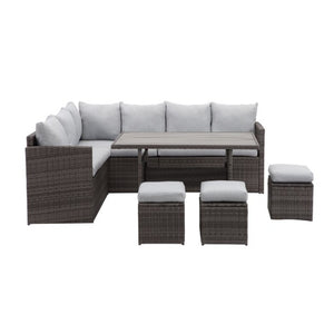 English Elm 7 Piece Outdoor Wicker Dining Set Modular Sectional Sofa Ottomans and Patio Table Grey+Brown B082S00077
