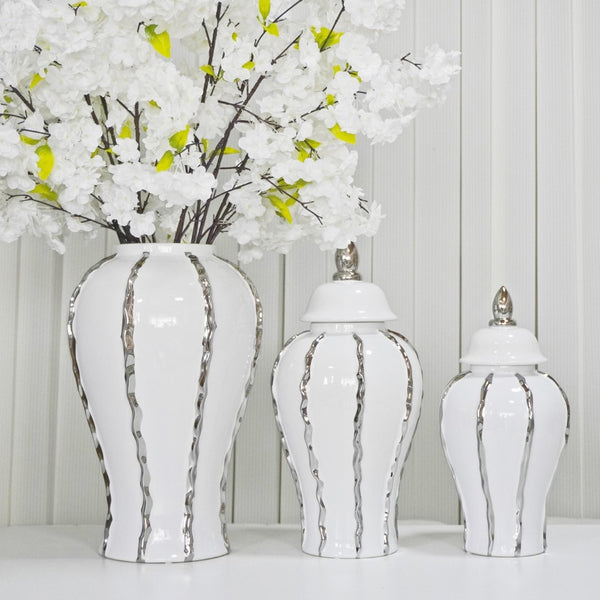 English Elm White Ceramic Ginger Jar With Elegant Silver Accent - Perfect For Modern Decor & Floral Arrangements B030P243613-GIGA