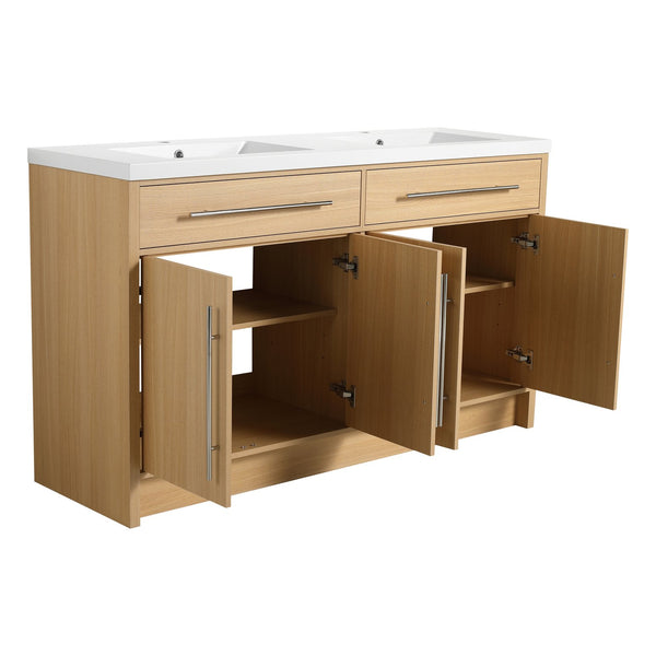 English Elm 60" Freestanding Bathroom Vanity with Dual Resin Sinks, Spacious Soft-Close Cabinet Storage, Durable Finish Oak W1972S00026