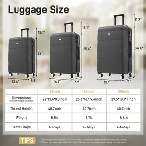 English Elm Hardshell 3 Piece Luggage Set Abs Spinner Suitcase with Tsa Lock Telescoping Handle Charcoal N732P308497E