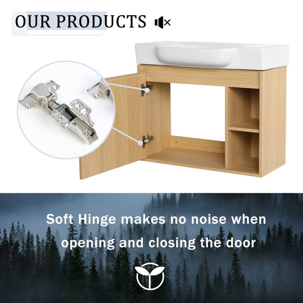 English Elm 28'' Floating Bathroom Vanity with Ceramic Sink Soft Close Door Melamine Cabinet Light Oak W999P426639