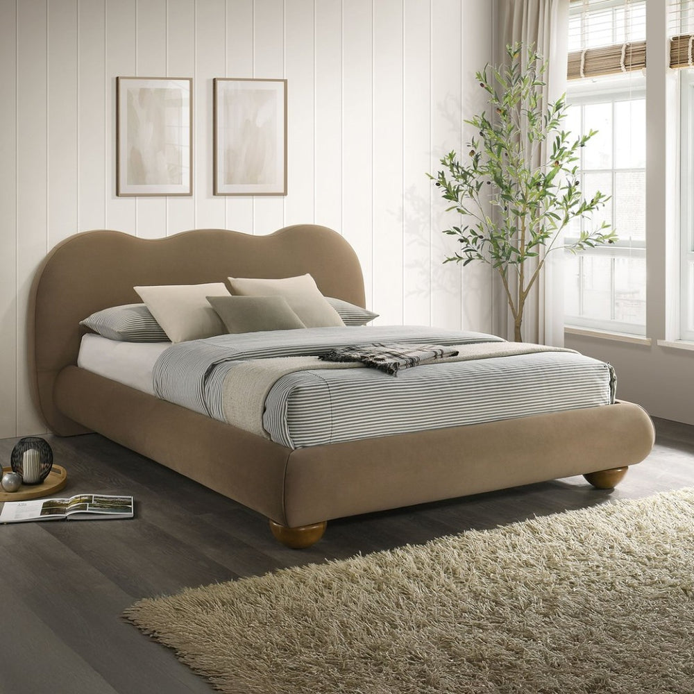 English Elm Brown Boucle Eastern King Bed Camel Back Headboard Round Bun Feet Upholstered Frame Brown B2741S00833