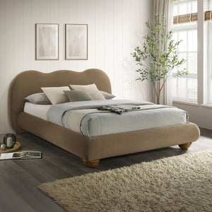 English Elm Brown Boucle Eastern King Bed Camel Back Headboard Round Bun Feet Upholstered Frame Brown B2741S00833