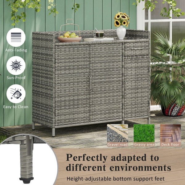 English Elm K&k Outdoor Wicker Bar Cabinet with Tempered Glass Top Adjustable Shelving and Drawer Grey N707P233745G